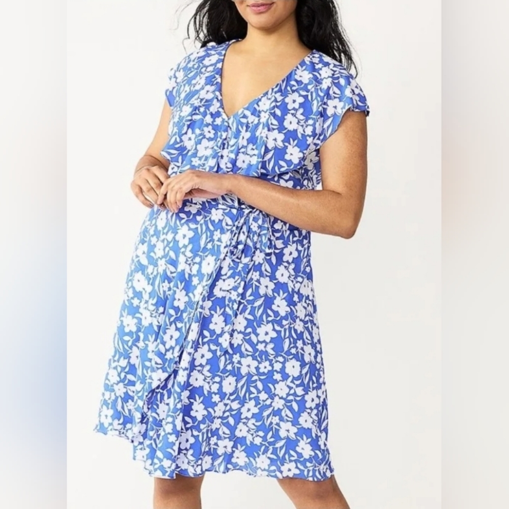 New DRAPER JAMES RSVP Ruffle Wrap Dress Floral Blue White Cottagecore Lined S